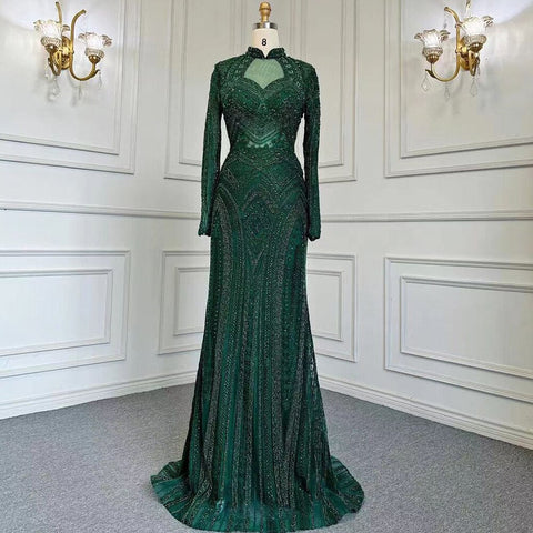 Blue Muslim Mermaid Elegant High Neck Evening Dresses Gowns Luxury Beaded 2025 For Women Party LA71742