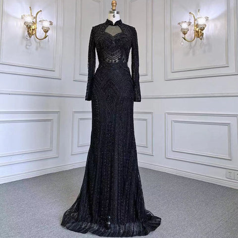 Blue Muslim Mermaid Elegant High Neck Evening Dresses Gowns Luxury Beaded 2025 For Women Party LA71742