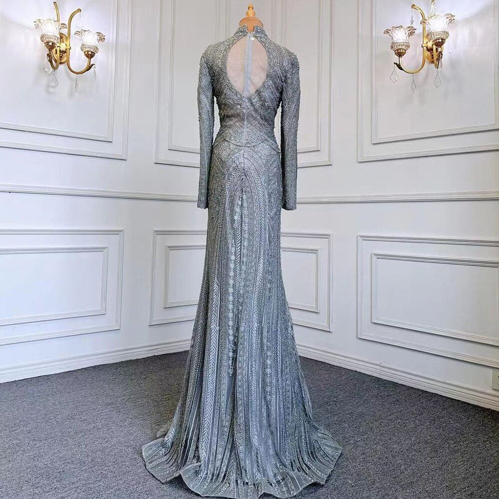 Blue Muslim Mermaid Elegant High Neck Evening Dresses Gowns Luxury Beaded 2025 For Women Party LA71742