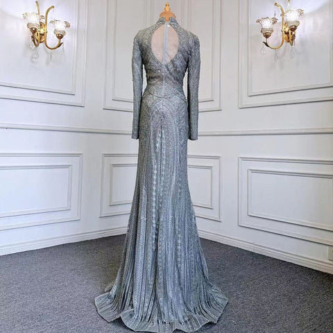 Blue Muslim Mermaid Elegant High Neck Evening Dresses Gowns Luxury Beaded 2025 For Women Party LA71742