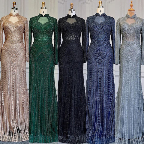 Blue Muslim Mermaid Elegant High Neck Evening Dresses Gowns Luxury Beaded 2025 For Women Party LA71742