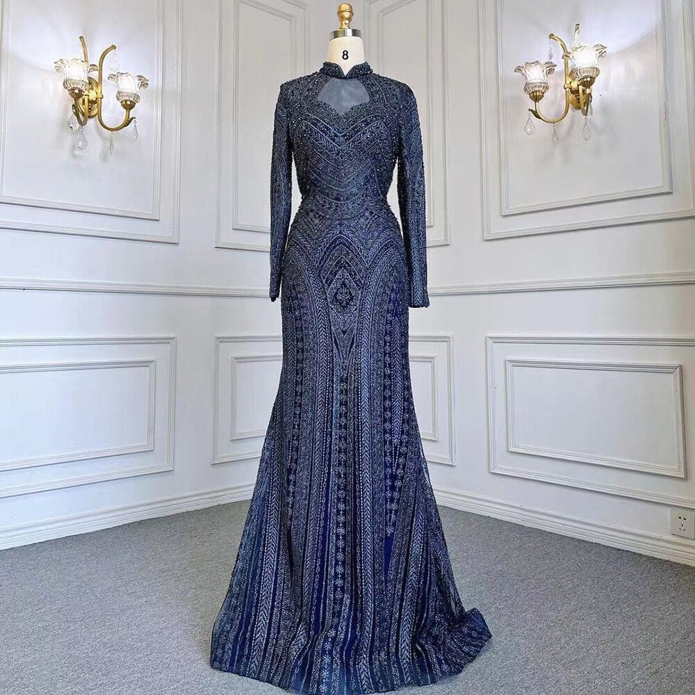 Blue Muslim Mermaid Elegant High Neck Evening Dresses Gowns Luxury Beaded 2025 For Women Party LA71742