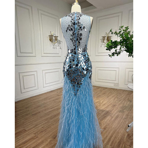 Blue O-neck Tank Sleeveless Feathers Mermaid Evening Dresses Elegant Formal Party Gowns For Women 2025 LA72081