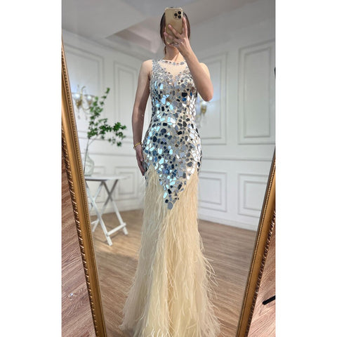 Blue O-neck Tank Sleeveless Feathers Mermaid Evening Dresses Elegant Formal Party Gowns For Women 2025 LA72081
