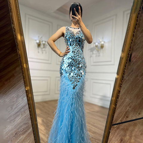 Blue O-neck Tank Sleeveless Feathers Mermaid Evening Dresses Elegant Formal Party Gowns For Women 2025 LA72081