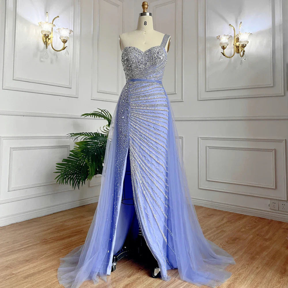 Blue One Shoulder High Split Mermaid Elegant Beaded With Overskirt Evening Dresses Gowns For Women Party LA71825