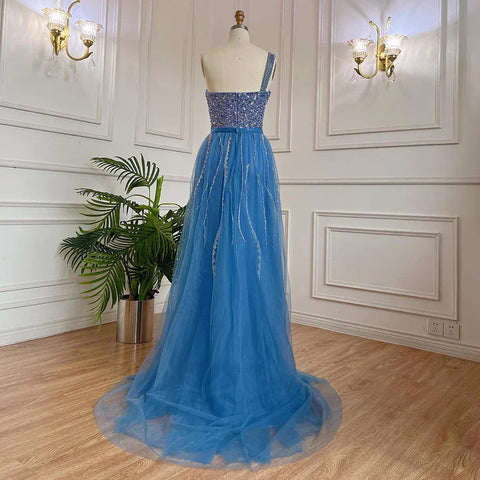 Blue One Shoulder High Split Mermaid Elegant Beaded With Overskirt Evening Dresses Gowns For Women Party LA71825
