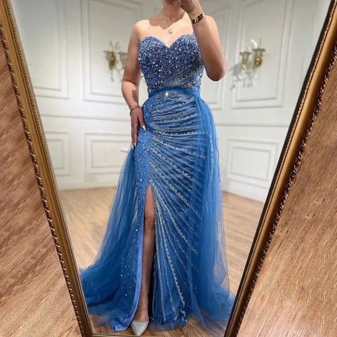Blue One Shoulder High Split Mermaid Elegant Beaded With Overskirt Evening Dresses Gowns For Women Party LA71825