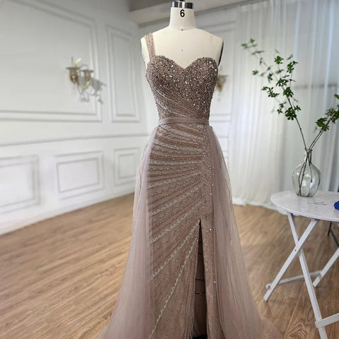 Blue One Shoulder High Split Mermaid Elegant Beaded With Overskirt Evening Dresses Gowns For Women Party LA71825