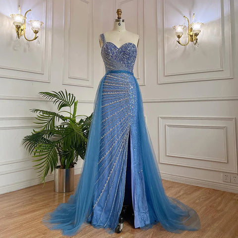 Blue One Shoulder High Split Mermaid Elegant Beaded With Overskirt Evening Dresses Gowns For Women Party LA71825