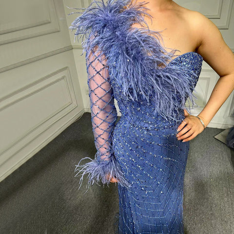 Blue One Shoulder Mermaid Evening Dresses Gowns 2025 Beaded Feather Elegant Luxury For Women Party LA71612