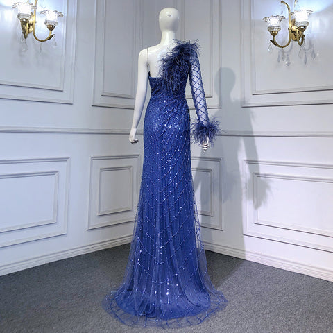 Blue One Shoulder Mermaid Evening Dresses Gowns 2025 Beaded Feather Elegant Luxury For Women Party LA71612