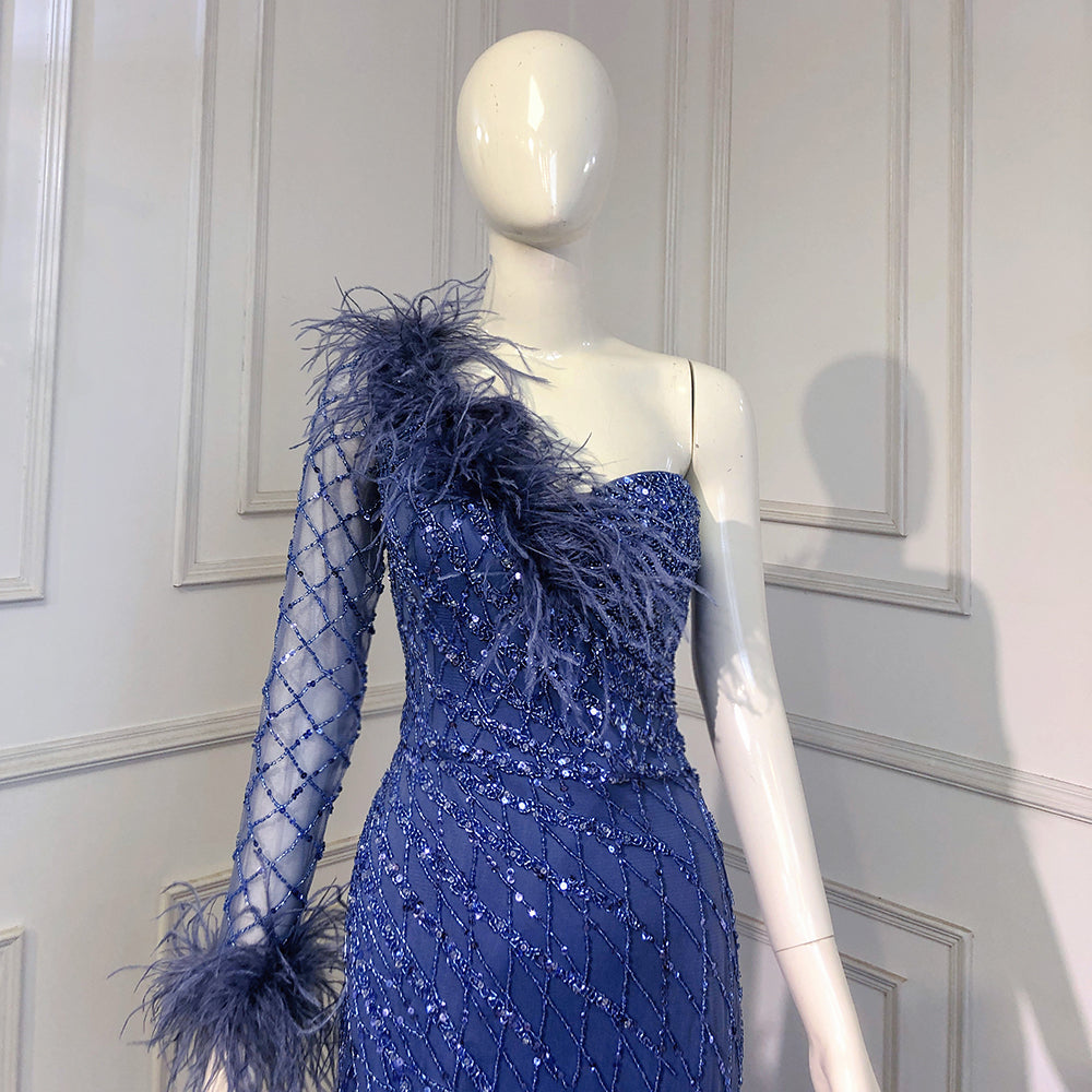 Blue One Shoulder Mermaid Evening Dresses Gowns 2025 Beaded Feather Elegant Luxury For Women Party LA71612