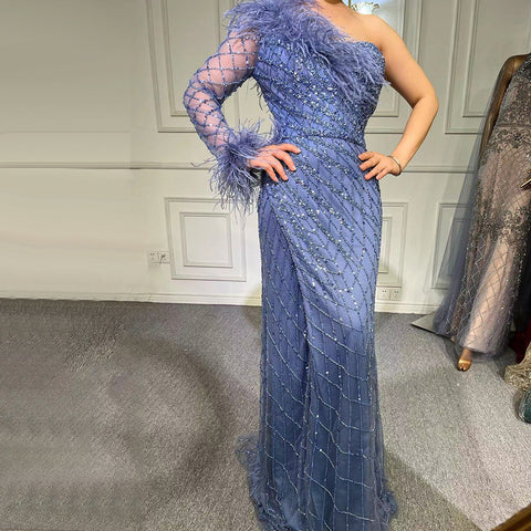 Blue One Shoulder Mermaid Evening Dresses Gowns 2025 Beaded Feather Elegant Luxury For Women Party LA71612