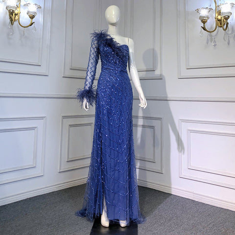 Blue One Shoulder Mermaid Evening Dresses Gowns 2025 Beaded Feather Elegant Luxury For Women Party LA71612