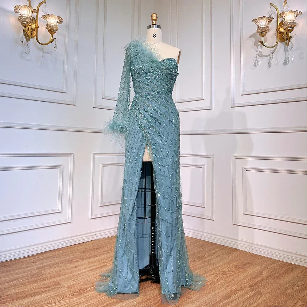 Blue One Shoulder Mermaid Evening Dresses Gowns Beaded Feather Elegant Luxury 2025 For Women Party LA71612
