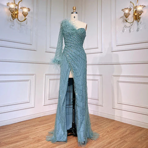 Blue One Shoulder Mermaid Evening Dresses Gowns Beaded Feather Elegant Luxury 2025 For Women Party LA71612