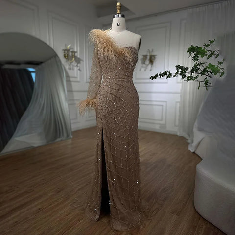 Blue One Shoulder Mermaid Evening Dresses Gowns Beaded Feather Elegant Luxury 2025 For Women Party LA71612