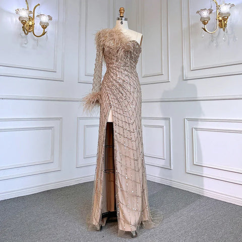 Blue One Shoulder Mermaid Evening Dresses Gowns Beaded Feather Elegant Luxury 2025 For Women Party LA71612