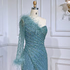 Blue One Shoulder Mermaid Evening Dresses Gowns Beaded Feather Elegant Luxury 2025 For Women Party LA71612