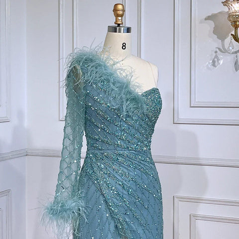 Blue One Shoulder Mermaid Evening Dresses Gowns Beaded Feather Elegant Luxury 2025 For Women Party LA71612