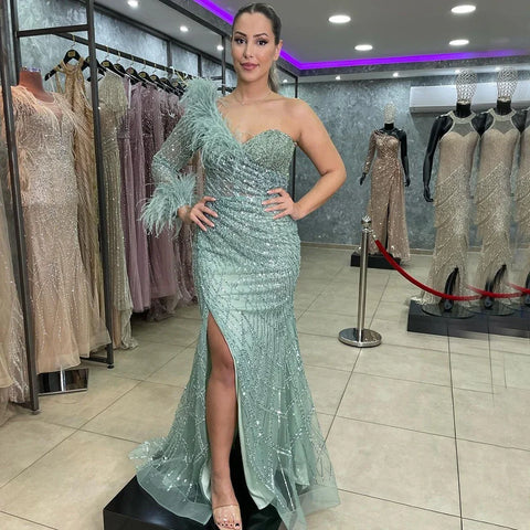 Blue One Shoulder Mermaid Evening Dresses Gowns Beaded Feather Elegant Luxury 2025 For Women Party LA71612