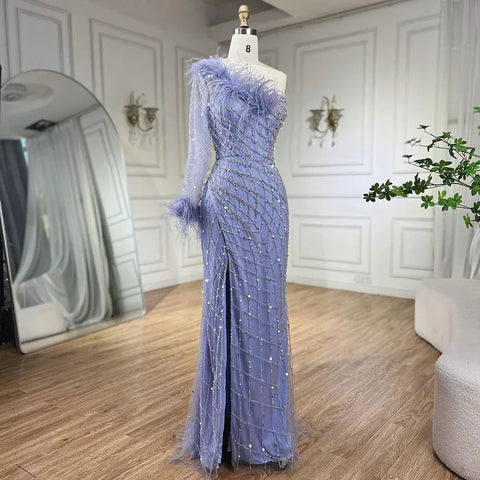 Blue One Shoulder Mermaid Evening Dresses Gowns Beaded Feather Elegant Luxury 2025 For Women Party LA71612