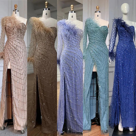 Blue One Shoulder Mermaid Evening Dresses Gowns Beaded Feather Elegant Luxury 2025 For Women Party LA71612