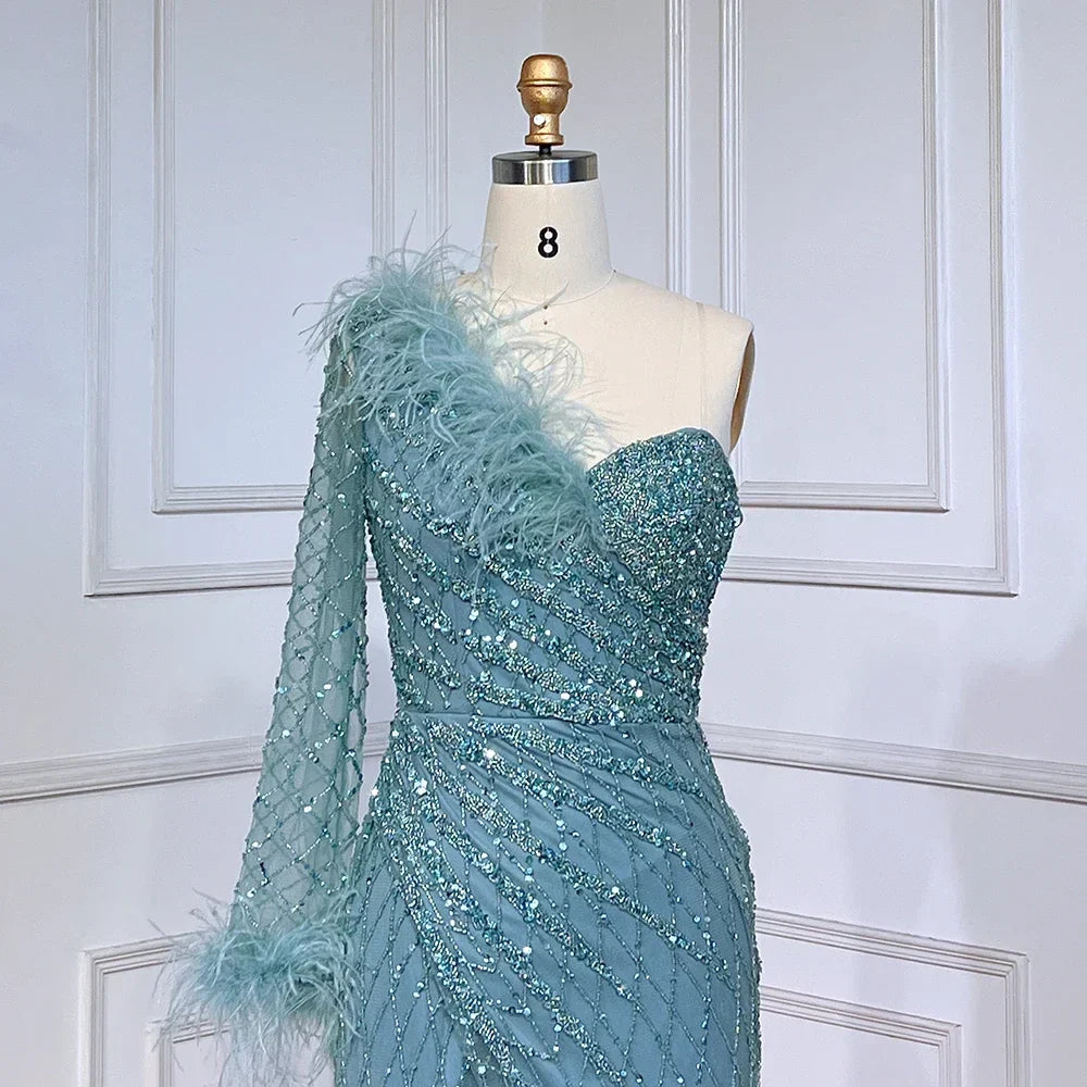 Blue One Shoulder Mermaid Evening Dresses Gowns Beaded Feather Elegant Luxury 2025 For Women Party LA71612