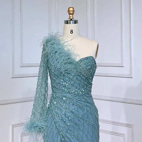 Blue One Shoulder Mermaid Evening Dresses Gowns Beaded Feather Elegant Luxury 2025 For Women Party LA71612