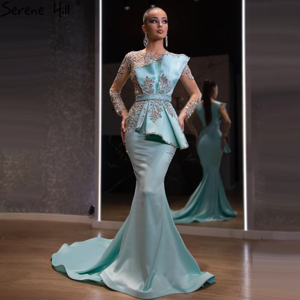 Blue Satin Beaded Mermaid  Evening Dresses Gowns 2025 Elegant Luxury  Gowns For Women Party LA71180