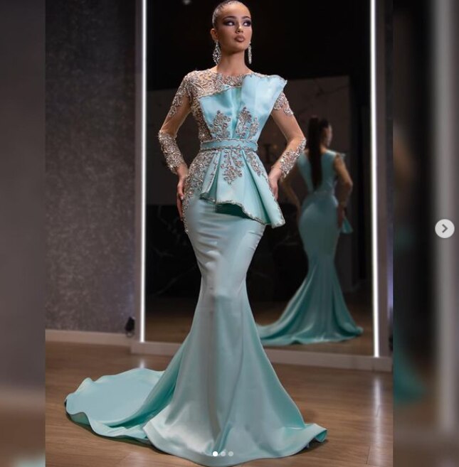 Blue Satin Beaded Mermaid  Evening Dresses Gowns 2025 Elegant Luxury  Gowns For Women Party LA71180