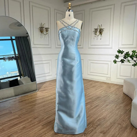 Robe de soirée élégante en satin bleu clair avec surjupe LA72524