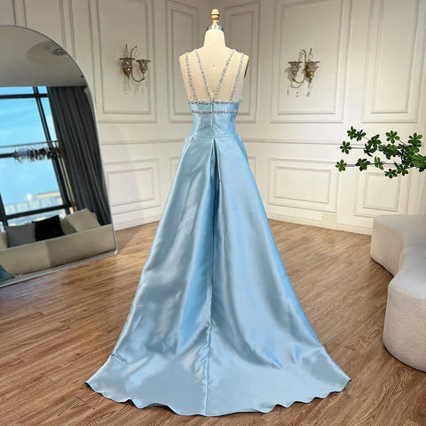 Robe de soirée élégante en satin bleu clair avec surjupe LA72524