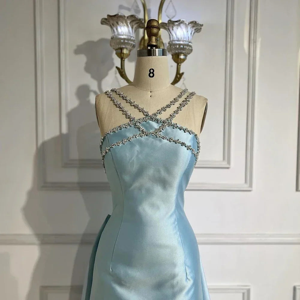 Elegant Light Blue Satin Arabic Evening Dress with Overskirt LA72524