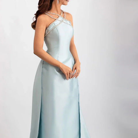 Robe de soirée élégante en satin bleu clair avec surjupe LA72524