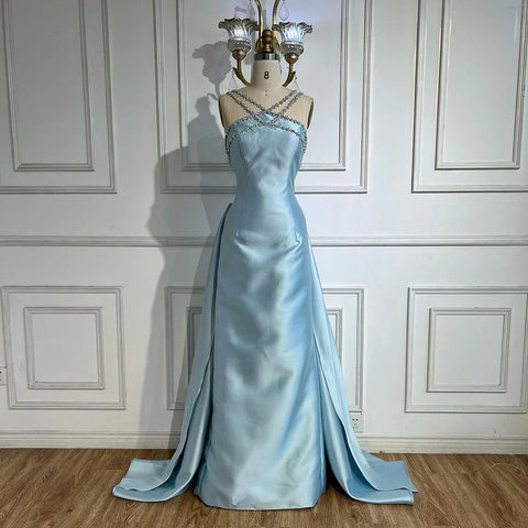 Robe de soirée élégante en satin bleu clair avec surjupe LA72524