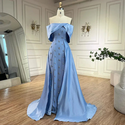 Blue Satin Simple Elegant High Split Mermaid Boat Neck Beaded Evening Dresses Gowns for Women Party 2025 LA72458