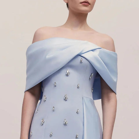 Blue Satin Simple Elegant High Split Mermaid Boat Neck Beaded Evening Dresses Gowns for Women Party 2025 LA72458