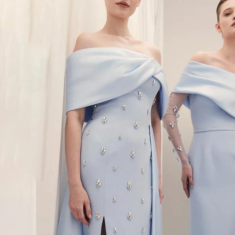 Blue Satin Simple Elegant High Split Mermaid Boat Neck Beaded Evening Dresses Gowns for Women Party 2025 LA72458