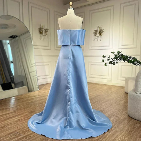 Blue Satin Simple Elegant High Split Mermaid Boat Neck Beaded Evening Dresses Gowns for Women Party 2025 LA72458
