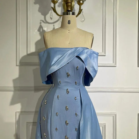 Blue Satin Simple Elegant High Split Mermaid Boat Neck Beaded Evening Dresses Gowns for Women Party 2025 LA72458