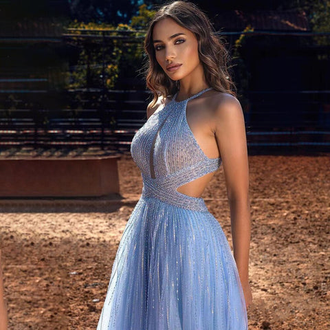 Blue Sexy A-Line 2025 Beaded Halter Graduation School Party Gown  Celebrity Prom Dresses LA71882