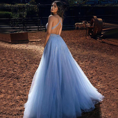 Blue Sexy A-Line 2025 Beaded Halter Graduation School Party Gown  Celebrity Prom Dresses LA71882