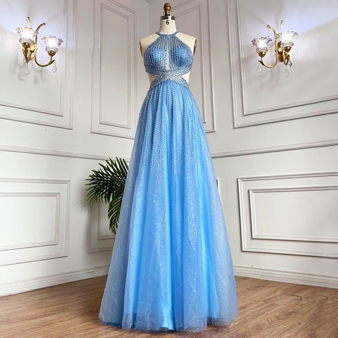 Blue Sexy A-Line 2025 Beaded Halter Graduation School Party Gown  Celebrity Prom Dresses LA71882