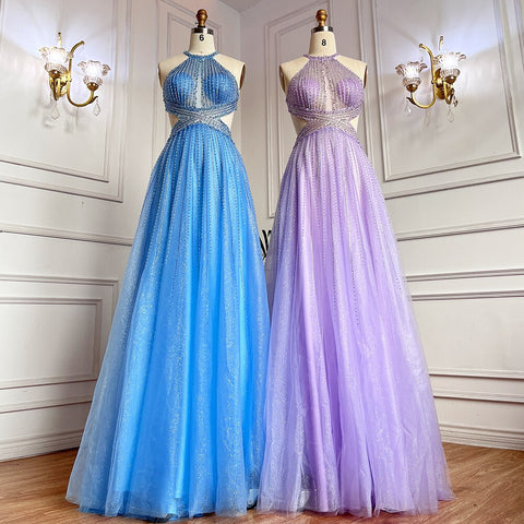 Blue Sexy A-Line 2025 Beaded Halter Graduation School Party Gown  Celebrity Prom Dresses LA71882