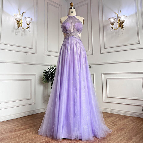 Blue Sexy A-Line 2025 Beaded Halter Graduation School Party Gown  Celebrity Prom Dresses LA71882