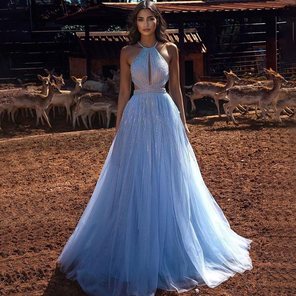 Blue Sexy A-Line 2025 Beaded Halter Graduation School Party Gown  Celebrity Prom Dresses LA71882