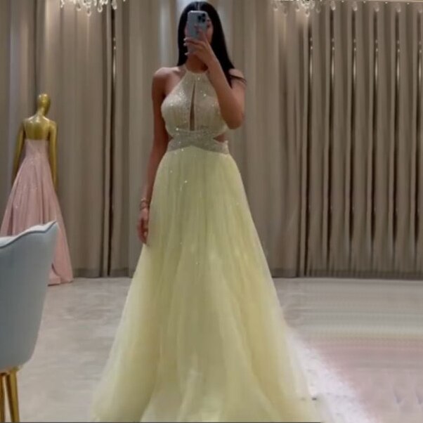 Blue Sexy A-Line 2025 Beaded Halter Graduation School Party Gown  Celebrity Prom Dresses LA71882