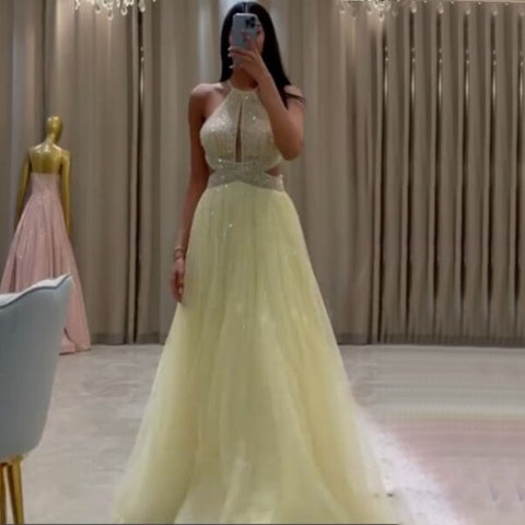 Blue Sexy A-Line 2025 Beaded Halter Graduation School Party Gown  Celebrity Prom Dresses LA71882